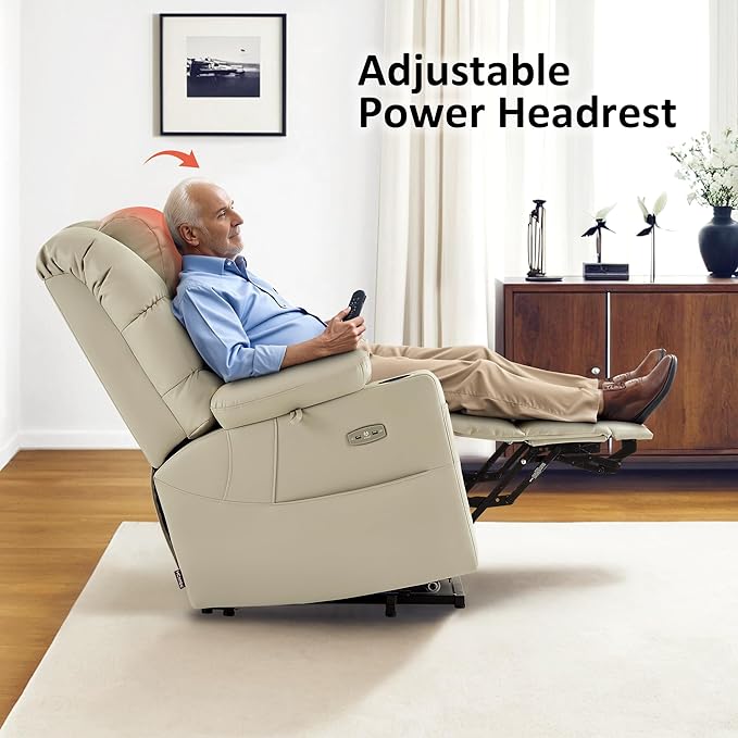 MCombo Oversized Triple Motor Power Lift Recliner Chair with Massage and Dual Heating Adjustable Headrest for Big and Tall Elderly People Faux Leather R7635 (Beige Large-Oversize)