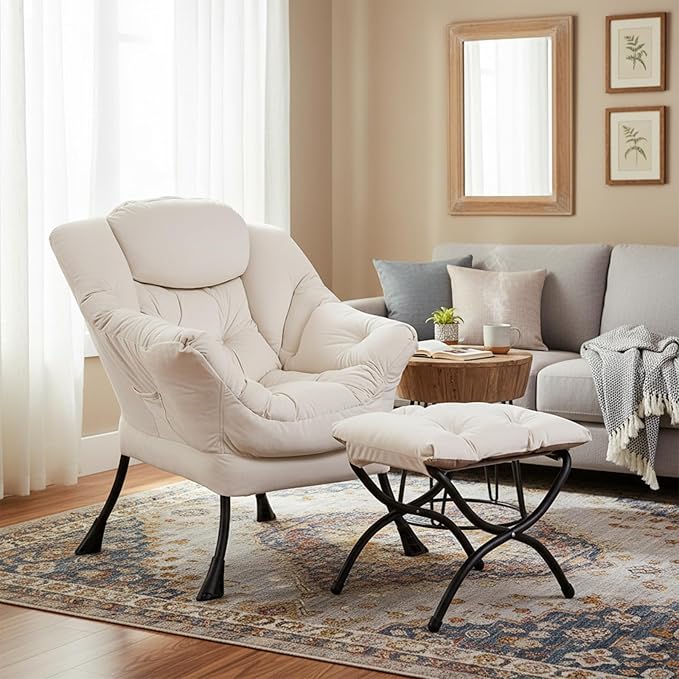 Welnow Lazy Chair with Ottoman Modern Accent Chair with Armrests and a Side Pocket Leisure Sofa Armchair Reading Armchair with Footrest for Small Space Beige
