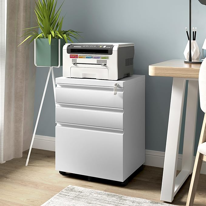 Mobile File Cabinet for Home Office Lockable 3 Drawer Filing Cabinet with Wheels for A4-Size/Letter-Size/Legal-Size Fully Assembled Except Casters White