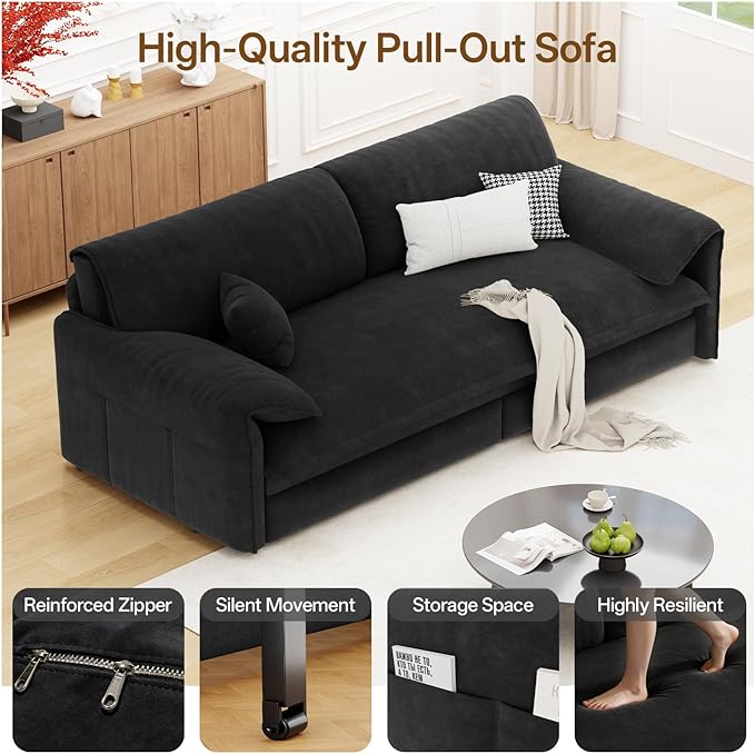 66 Queen Pull Out Couch BedVelvet 3-in-1 Queen-Size Sleeper SofaConvertible Pull-Out Sofa Bed with Side PocketsSleeper Loveseat for Living RoomApartment Offices (Black)
