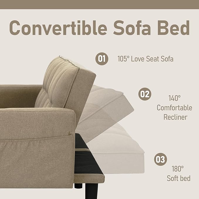 AVAWING Futon Sofa Bed Modern Linen Fabric Convertible Upholstered Couch with Adjustable Back Arms and High Strength Nylon Legs for Living Room Apartment Office (Khaki)