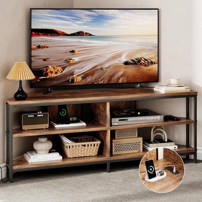 MUTUN Corner TV Stand with Power Outlet Corner Entertainment Center for 32 43 50 55 60 Inch TV Industrial Media Console Table for Living Room Bedroom 55 Inch Rustic Brown