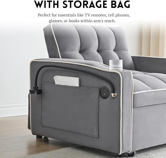 3 in 1 Sleeper Chair BedVelvet Convertible Sleeper SofaPull Out Bed Chair with USB Port &amp Ashtray and Swivel Phone Stand &amp Storage PocketsModern Sofa for Living Room