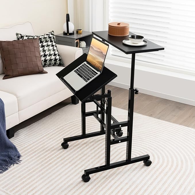 Standing Desk Height Adjustable Sit-Stand Desk with Tiltable Desk Top Rolling Laptop Stand &amp Workstation Mobile Stand up Computer Desk on Wheels for Small Spaces Home &amp Office (Black)