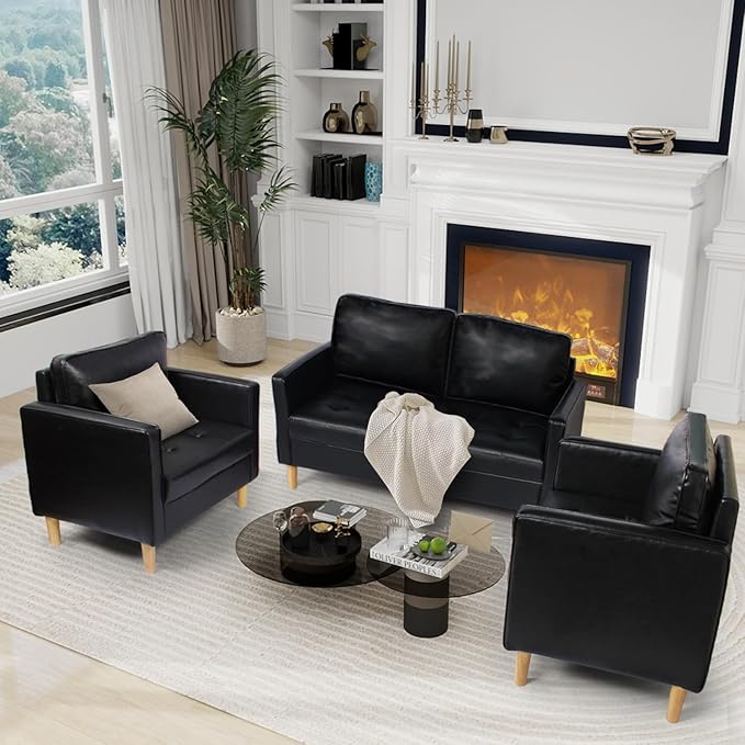 AILEEKISS Mid-Century Sectional Sofa Couch Set Faux Leather Office 3 Pcs Couch Set with Armrest Modern Upholstered Loveseat Couches for Livingroom (1-Seater+1-Seater+2-Seater Black)