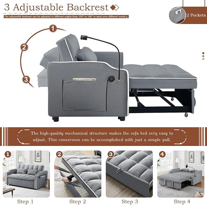 Pull Out Sofa Bed with Phone Holder Convertible Velvet Loveseat Sleeper with 2 USB Charging Ports Modern Futon Couch with Cup Holders and Adjustable Backrest Love Seat for Living Room Light Grey
