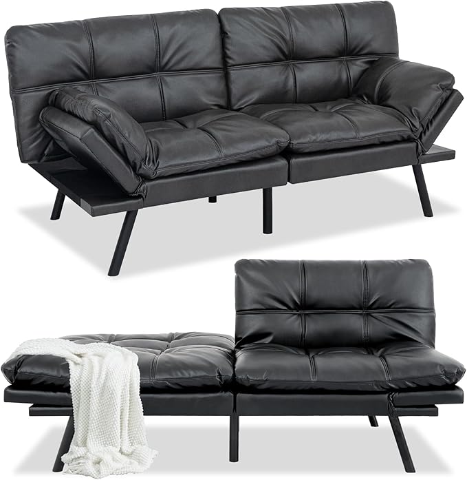 Opoiar Futon Sofa Bed Modern Memory Foam Sleeper Sofa Convertible Couch Adjustable Armrest&ampBackrest Black Matte Leather Futon for Living SpaceApartmentOffice Sofabed