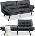 Opoiar Futon Sofa Bed Modern Memory Foam Sleeper Sofa Convertible Couch Adjustable Armrest&ampBackrest Black Matte Leather Futon for Living SpaceApartmentOffice Sofabed