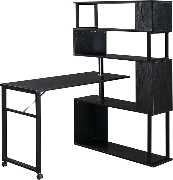 Vinsetto L-Shaped Home Office Computer Desk with Rotating Corner Table 5-Tier Bookshelf Lockable Casters Four Installation Methods 47.2 x 39.9 x 60.2 Black