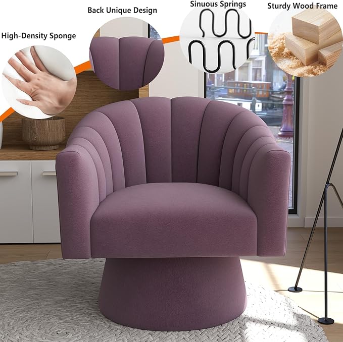 Swivel Accent ChairUpholstered Velvet 360° Swivel Barrel Chair for Living Room Overstuffed Bouncle Reading Chair Round Armchair for BedroomVanityOffice(Purple)