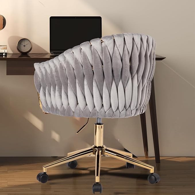 Velvet Office Chair with Hand Woven Back Vanity Desk Chairs with Golden Wheels Swivel Home Office Desk Chair Accent Makeup Desk Chair for Bedroom Living Room(Grey)