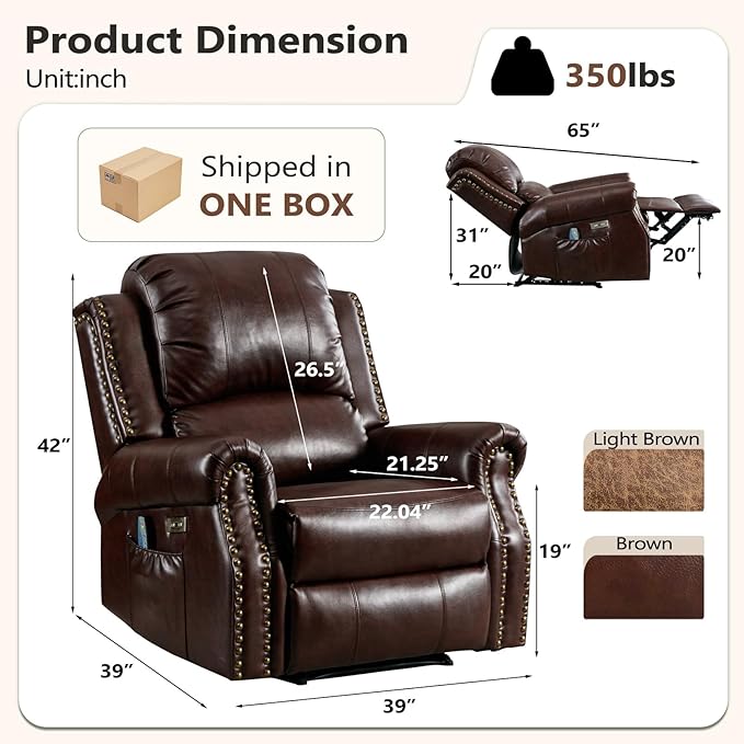 ANJ Large Power Recliner Chair with Heat and Massage Faux Leather Electric Overstuffed Wide Recliners for Living Room Classic Single Seat Sofa with Brass Rivets USB Port (Brown)