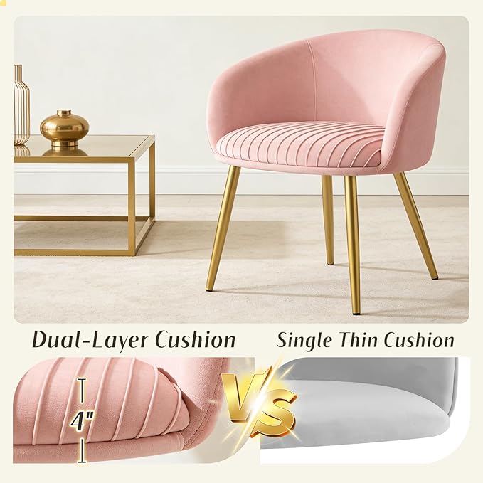 Accent Armchair No Wheels Girls Desk Chair Comfy for Makeup Vanity 20 Extra Wide Cushion Tufted Upholstered Modern Dining Chairs with Gold Metal Legs Bedroom Living Room Home Office Pink