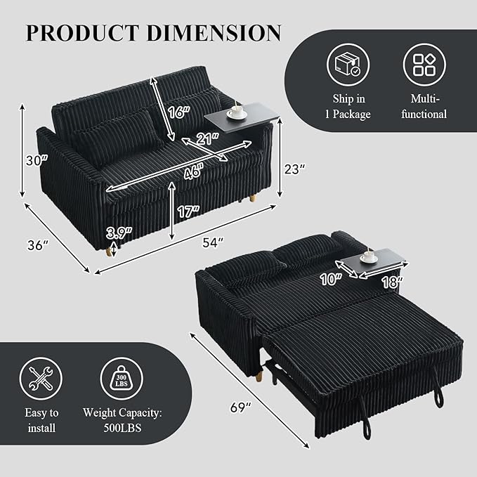 3 in 1 Pull Out CouchCorduroy Upholstered Convertible Sleeper Sofa Bed with Movable Side Table Modern Multifunctional Sofa with USB Port Cushioned Couch for Living Room (Black)