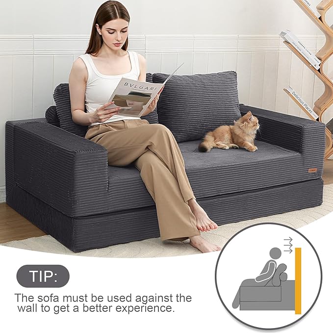 COMAX Convertible Sofa Bed Queen Corduroy Folding Floor Couch Pull Out Couch Bed Futon Sleeper with Pillows Fold Out Boneless Sofa Comfy Lounge Mattress Loveseat for Living Room Bedroom Grey