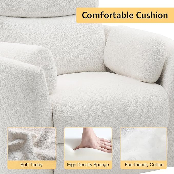 Jocisland Power Recliner Nursery Chair for Adults Electric Swivel Rocking Glider with USB &amp Type-C Charge Teddy Sherpa Armchair with 2 Pillows Cozy Reclining Sofa for Living Room Bedroom Whit
