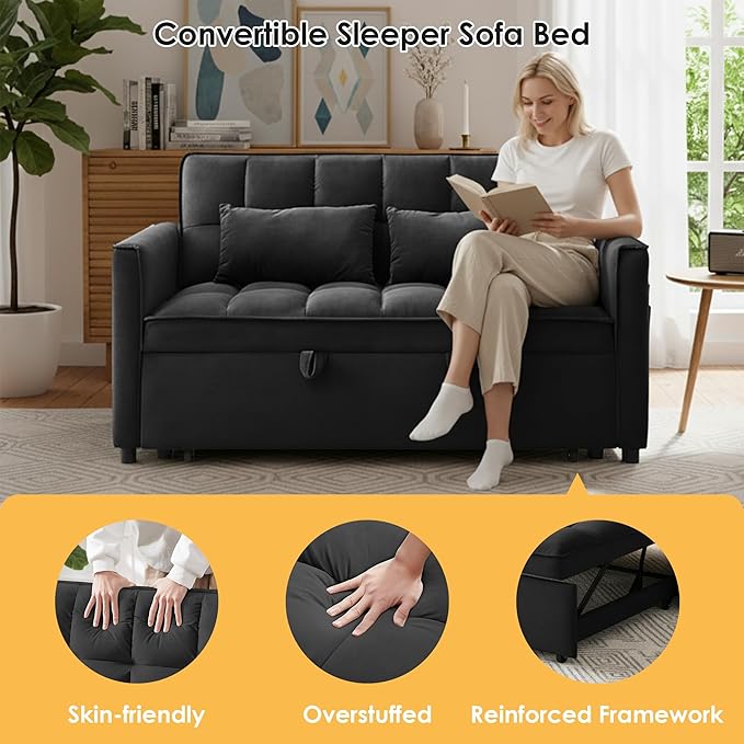 Dreamzie 3 in 1 Convertible Sleeper Sofa Bed Pull Out Couch Bed with Side Pocket Sleeper Sofa with Adjustable Backrest | Side Pocket (Black)