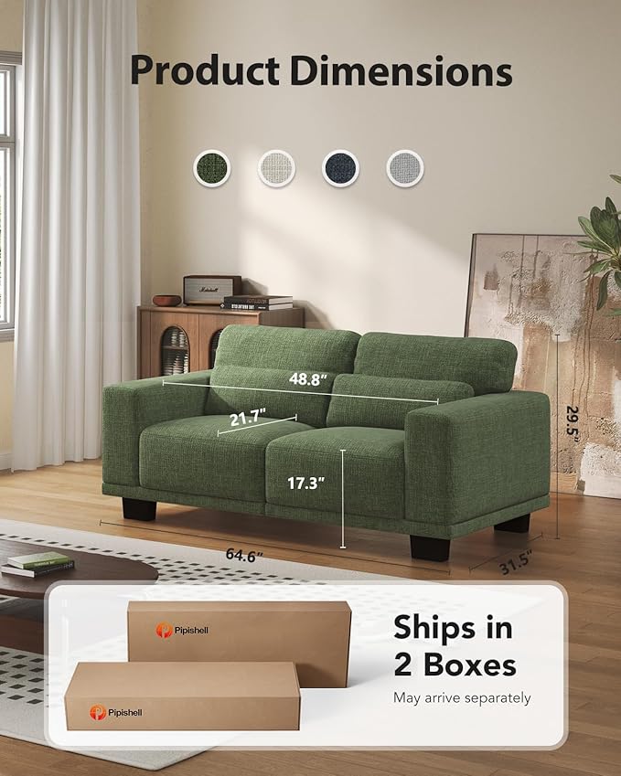 Pipishell 65 Modern Couch with Deep Seats and Wide Armrests Loveseat Couches for Living Room Comfortable Love Seat Sofa with Sturdy Frame Removable &amp Washable Covers Green