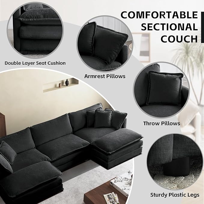 SoarFlash Chenille Sectional Sofa Comfy L Shaped Modular Coush Sofa with Ottoman Modern 3 Seat Couch Deep Seat Sofa Set for Living RoomGrey