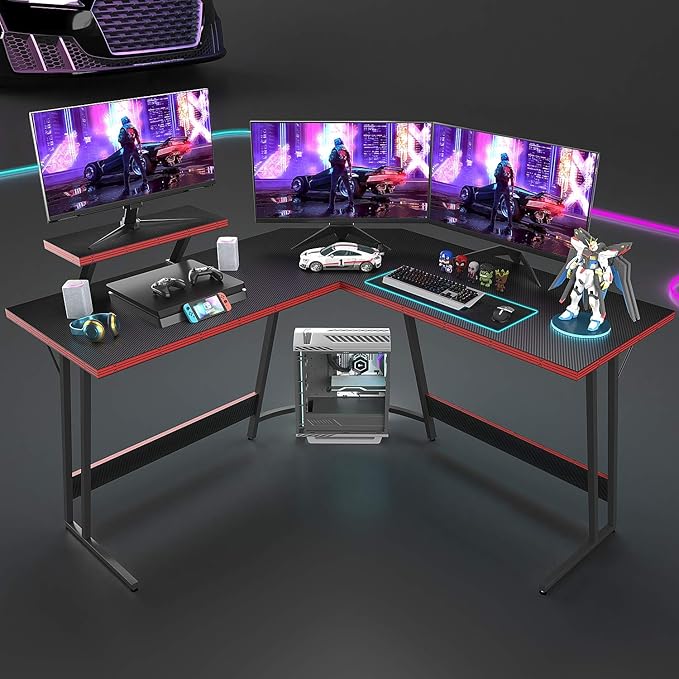 Devoko L Shaped Gaming Desk Computer Desk 51” Office Corner Desk with Monitor Stand Home Gaming Writing Study Table Workstation (Carbon Fibre Black)