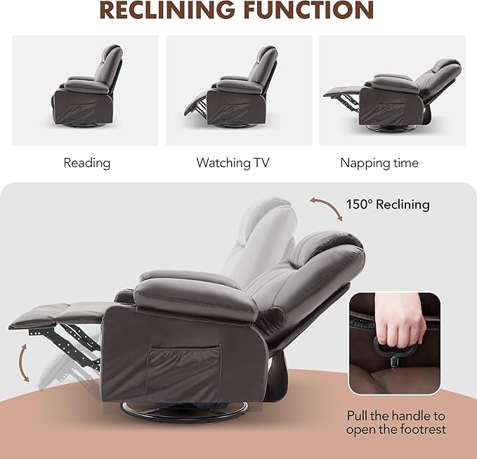 Oversized Swivel Rocker Recliner Chair with Heat and Massage 360 Degree Swivel Rocking Single Sofa with Cup Holders and USB Port Large Big Recliner Chair for Living Room(Leather Dark Brown)