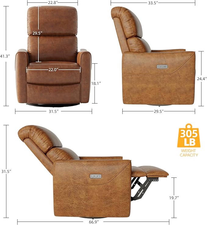 GAOMON Power Recliner Chair Swivel Glider Faux Leather Upholstered Nursery Rocker Reclining Sofa Chair with Charging Port Curved Armrests &amp Padded Backrest for Living Room and Bedroom (Camel)