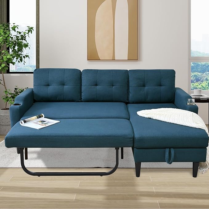 Convertible l Shape Sleeper Sofa Pull-Out Couch Bed with Storage Chaise Linen Upholstered Sectional Corner Apartment Couch with Side Pocket and Cup Holder Removable Backrest (Blue)