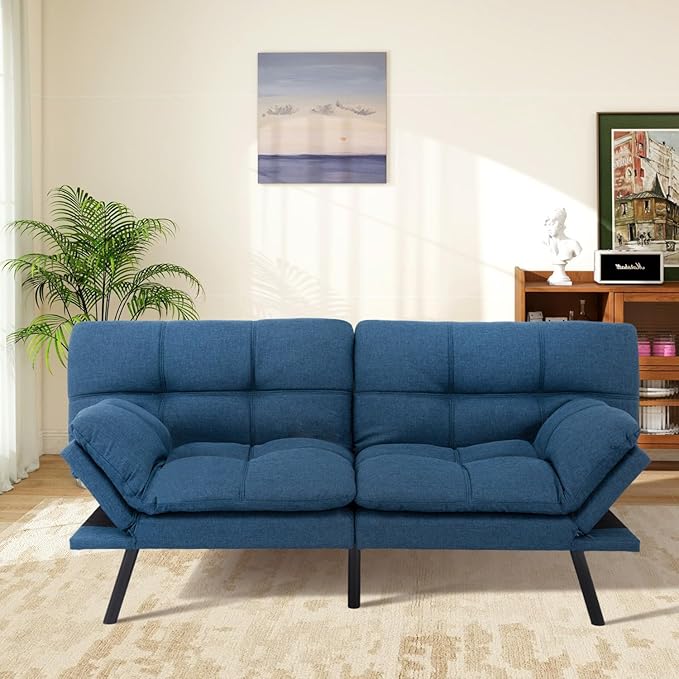 MUUEGM Futon Sofa Bed Memory Foam Navy Blue Futons Modern Office Couch Sleeper Bed Convertible Love seat Sofa for Small SpacesApartmentOffice with Adjustable Armrest Backrest