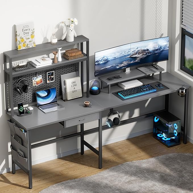 HLDIRECT L Shaped Desk with LED Light &amp Power Outlet 59 Inch Reversible Corner Gaming Desk with Storage Shelves &amp Drawer Computer Table with Monitor Stand Home Office Work Study Gray