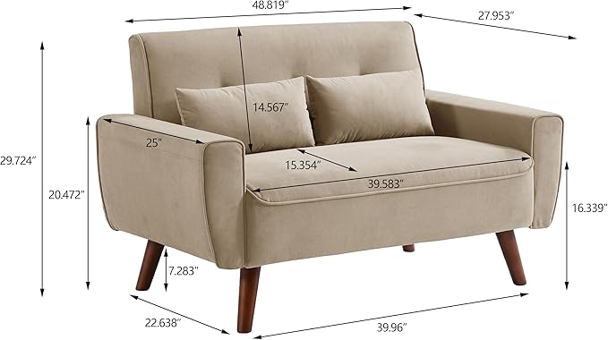48 Loveseat Sofa 2 Seater Love Seat Mid Century Modern Small Couches for Living Room Bedroom Apartment 2 Throw Pillows and Wooden Legs Beige