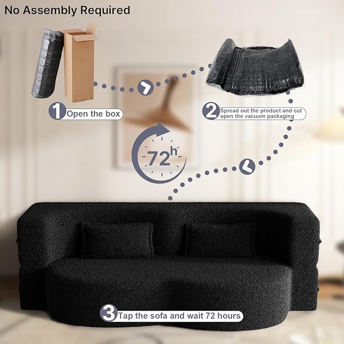 78 Inch Couch Queen Sleeper Loveseat Cloud Sofa Bed Convertible Folding Teddy Full Size Boneless Sofabed for Living Room Guestroom Lazy Lounge Floor Fold Out Sofa Bed No Assembly (Black)
