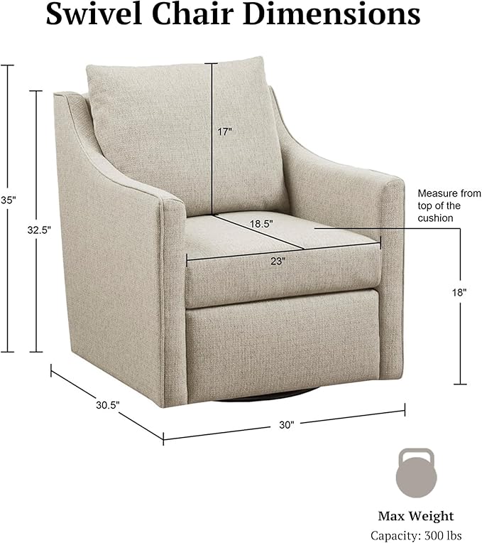 Martha Stewart Amber Swivel Chair for Living Room Barrel Style Bedroom Lounge Removable Foam Seat Cushion Upholstered Nursery Furniture Metal Base Fully Assembled 30.5 D x 30 W x 35 H Natural