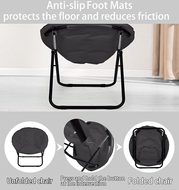 Round Foldable Moon Saucer Chair with 220lbs Weight Capacity Cozy Chair for Relaxing Gaming or as an Extra Seat for Guests Black