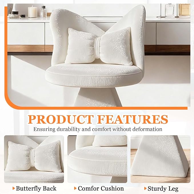 360° Swivel Vanity Chair with Back and PillowChenille Comfy Makeup Chairs for VanityWhite Modern Desk Chair No Wheels for BedroomLiving Room (White)