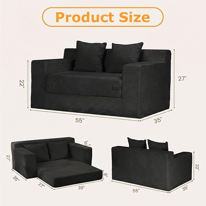 55 Small Boneless Couch 3-in-1 Boneless Loveseat Sleeper Sofa Bed Convertible Sofa Bed with 4 Pillows Black Corduroy Boneless Couch for Living Room Guest Room Small Space No Assembly Required
