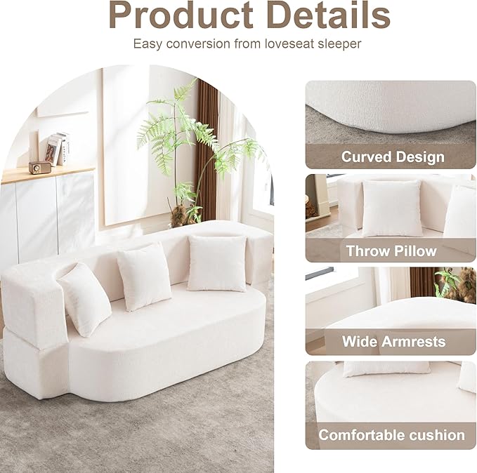 2 in 1 Convertible Sofa Bed 78.8 Modern Loveseat Sofa Couch Curved Folding Sleeper for Living Room Apartment Small Space No Assembly Required Ivory