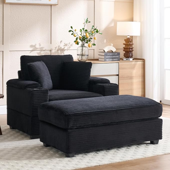 KEIKI Oversized Accent Chair with Ottoman Chaise Lounge Chair Indoor with Handrail Storage Cupholders Oversized Sofa Bed Deep Seat Sleeper Couch Reading Chairs for Living Room Black