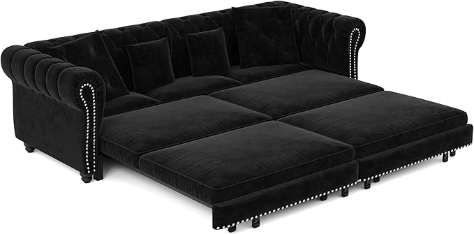 89'' Pull Out Sofa Bed King Chesterfield Velvet Sleeper Sofa Convertible L-Shaped Futon Couch Tufted Back 4 Pillows Ottoman Deep Seat Loveseat Couches for Living Room Apartment Black