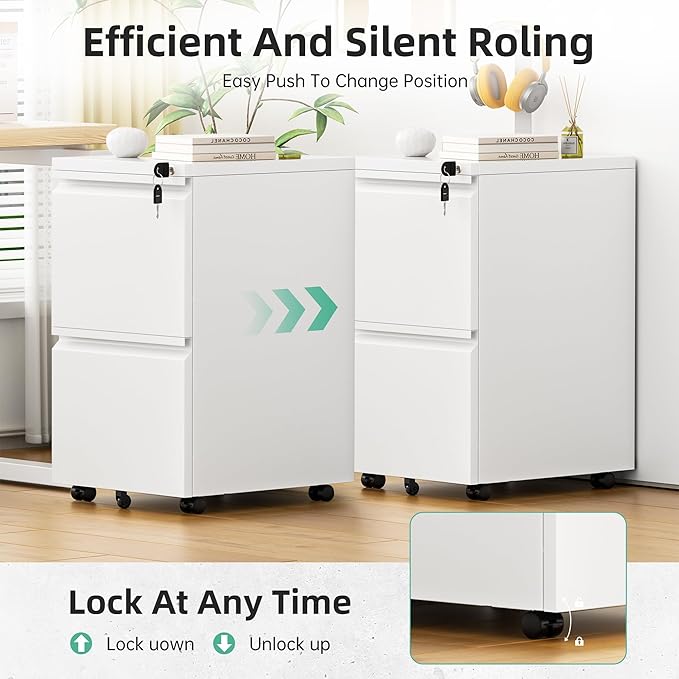 Bonusall 2 Drawer File Cabinet Metal Rolling File Cabinet with Lock Filing Cabinets for Home Office Fit A4/Letter/Legal Easy Assembled White