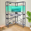 Corner Computer Desk Modern Laptop Desk w/Outlets &amp LED Light Triangle Table w/Storage Shelf Small Space for Home Office Student Dormitories Bedroom Game Room Study Room Workstation (Gray)