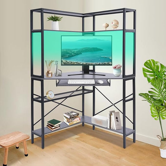 Corner Computer Desk Modern Laptop Desk w/Outlets &amp LED Light Triangle Table w/Storage Shelf Small Space for Home Office Student Dormitories Bedroom Game Room Study Room Workstation (Gray)