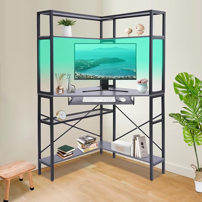 Corner DeskComputer Desk with Keyboard Tray with Power OutletsGaming Desk with LED LightTriangle Corner Desk Workstation with Bookshelves for Home Office Bedroom (Gray)