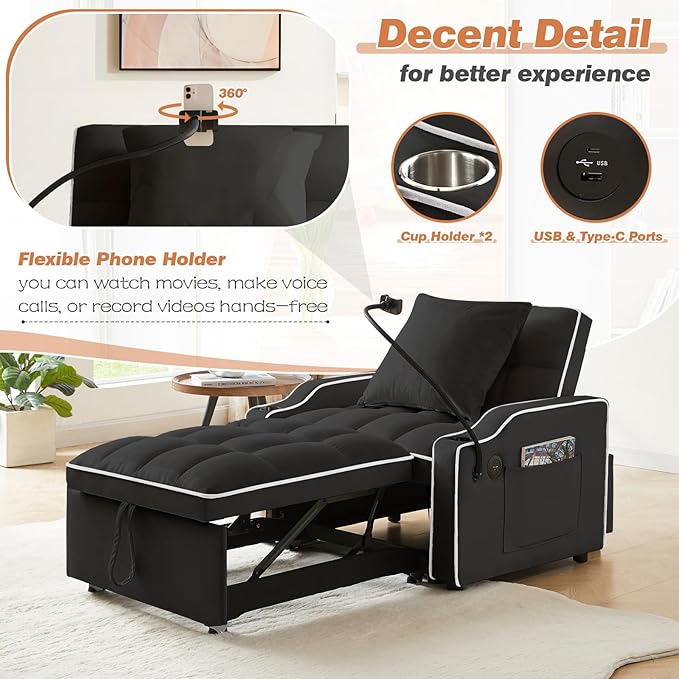 Sleeper Sofa Chair Bed with Charging Ports &amp Phone Holder &amp Cup Holder Modern Velvet 3 in 1 Convertible Pull Out Single Sofa Chair Bed for Small Spaces Apartment Black