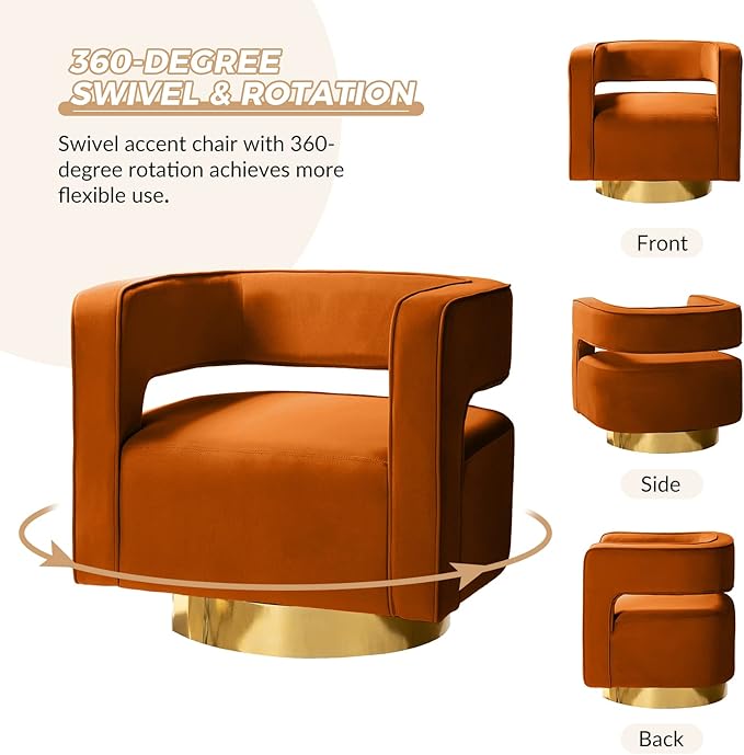TINA'S HOME Swivel Accent Barrel Chair Modern Velvet Armchair with 3D Curved Open Back &amp Swivel Gold Metal Base Upholstered Club Chair for Living Room Bedroom Nursery Orange(No Assembly Require