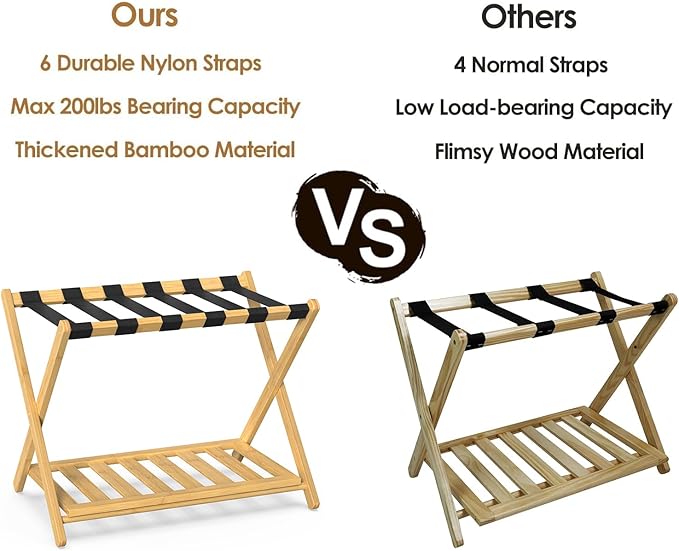2 Pack Bamboo Luggage Rack for Guest Room 26.77 Folding Wide Suitcase Stand with Storage Shelf Thickened Luggage Stand Holder for Bedroom Hotel Luggage Rack for Suitcases (Natural)