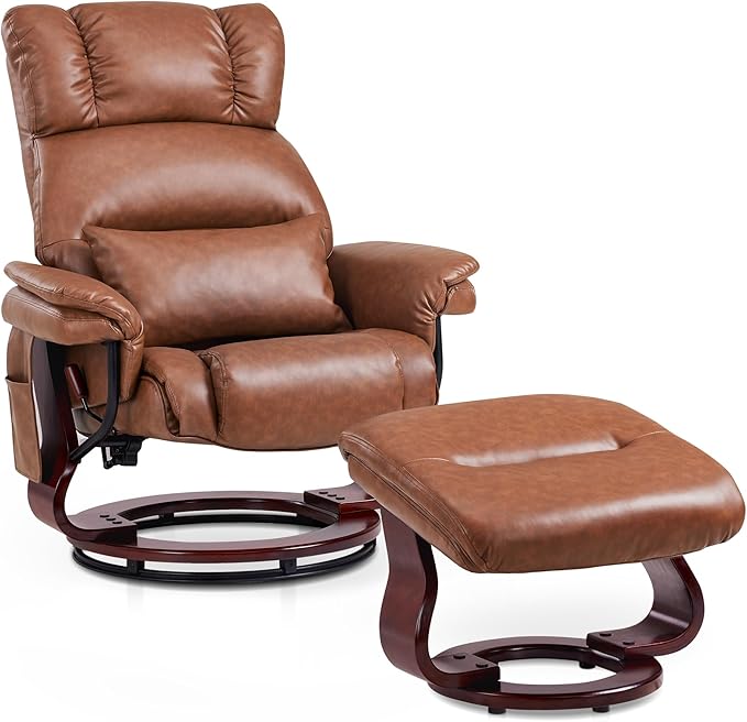 MCombo Swivel Recliners with Ottoman Reclining TV Chairs with Vibration Massage Faux Leather Ergonomic Lounge Chair for Living Room Bedroom 4832 (Saddle)