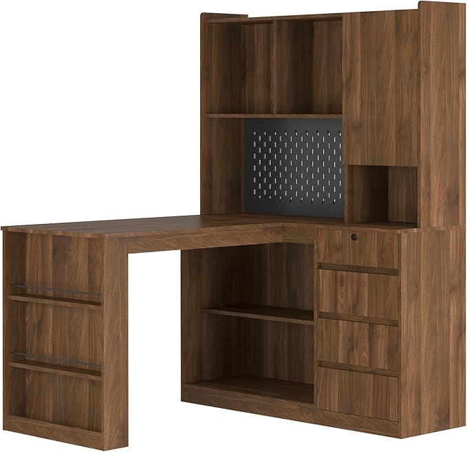 L Shaped Desk Computer Desk with Drawers Bookshelf Charger LED Light Modern Home Office Desk Study Table Writing Desk Corner Gaming Computer Table with Storage Assembly Required (Wood-C)