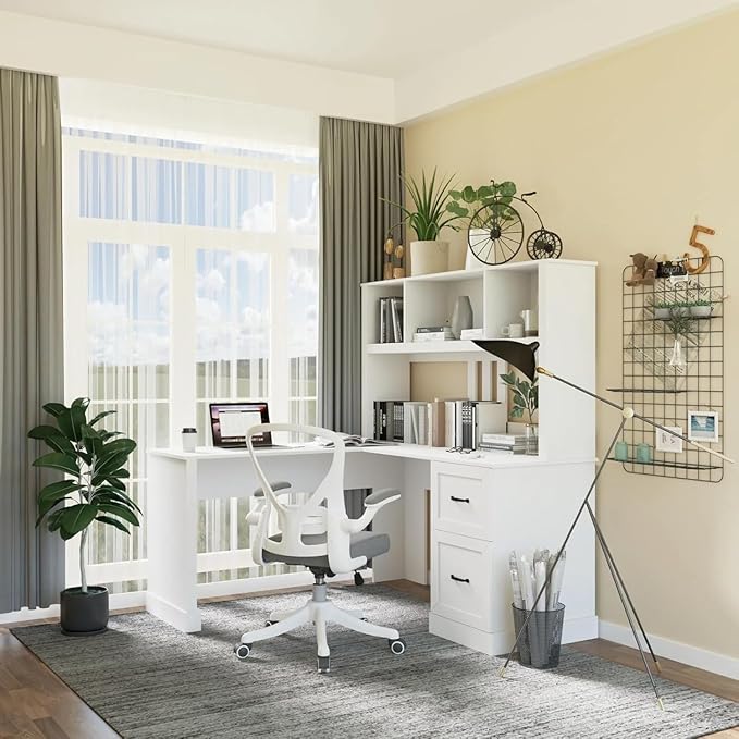 WERSMT Home Office Executive Desks with Drawer Modern Corner Desk with Hutch 60 Large Wood L Shaped Desks with Shelves &amp File Cabinet White