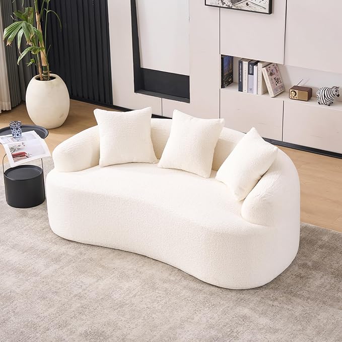65 Curved Loveseat for Small SpacesBoneless Loveseat SofaWood Grain Chenille Fabric No Installation Requirement Curved Sofa Couch for ApartmentLiving RoomOffice (White 65)