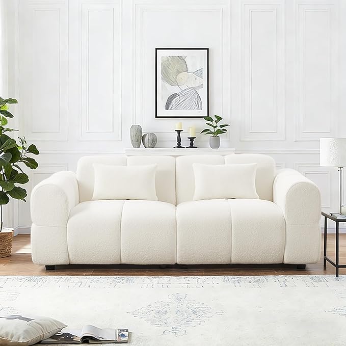 80 Modern Sofa Couch Comfy Deep Seat Teddy Cloud Sofa Upholstered 3-Seater Boucle Couch Oversized Loveseat for Living Room Bedroom Office Apartment(White)